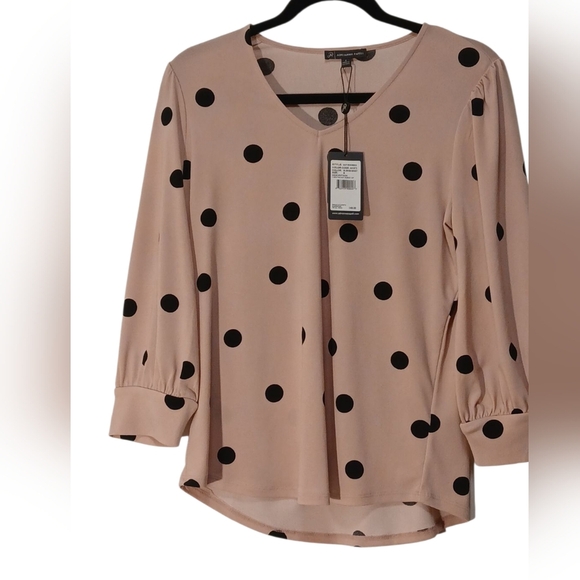 Adrianna Papell - NWT, Pink Blouse W/ Black Poke dots, 3/4 Puff Sleeves, V-Neck, - Picture 7 of 12